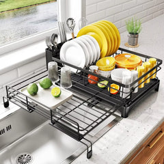 Black 2.0 dish rack extended beside a sink