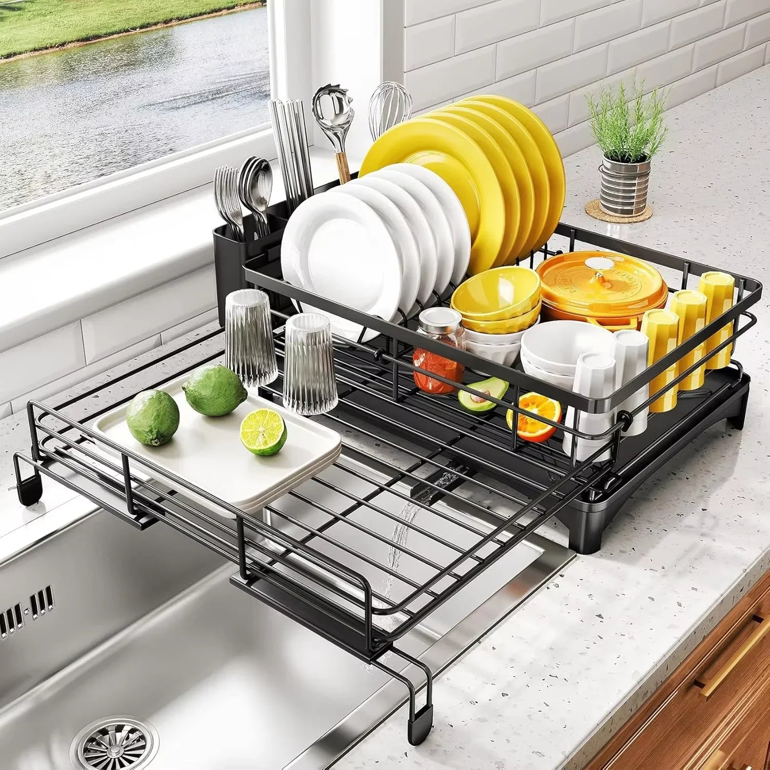 Black 2.0 dish rack extended beside a sink
