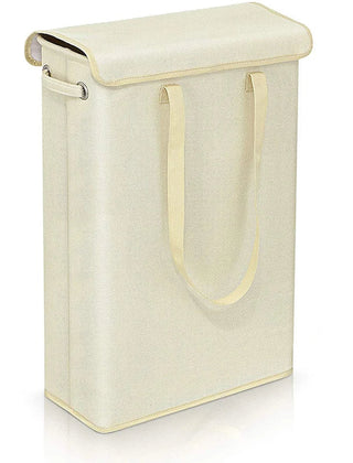 Beige slim laundry hamper with lid and carry handles