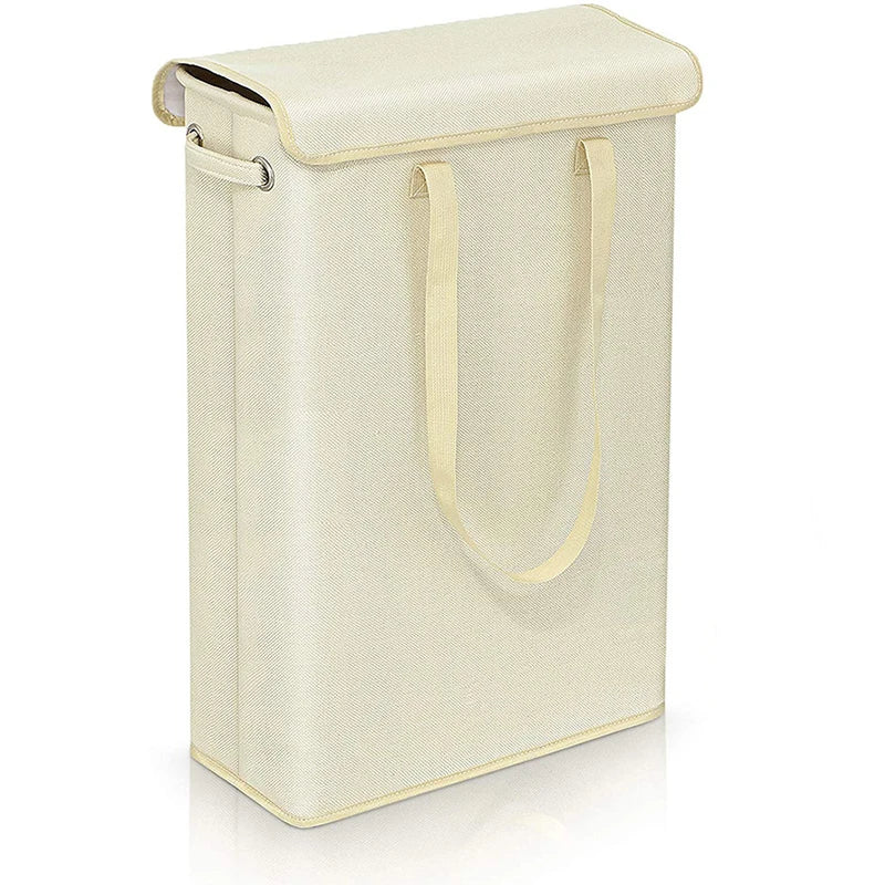 Beige slim laundry hamper with lid and carry handles