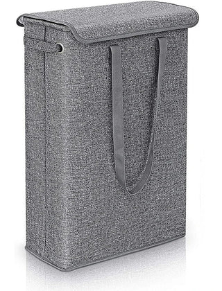 Gray slim laundry hamper with lid and carry handles