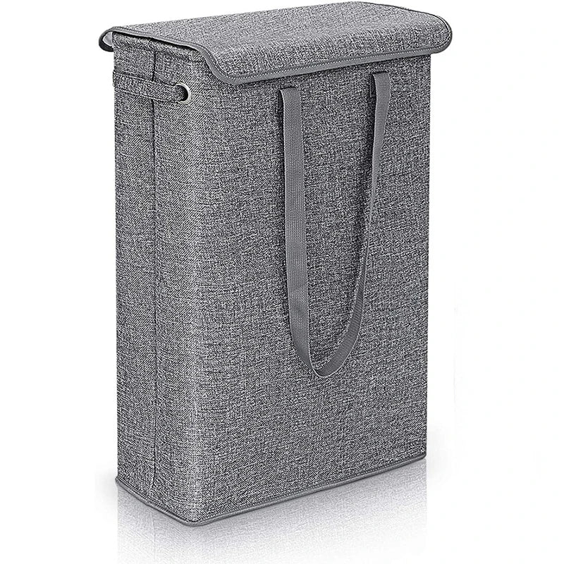 Gray slim laundry hamper with lid and carry handles