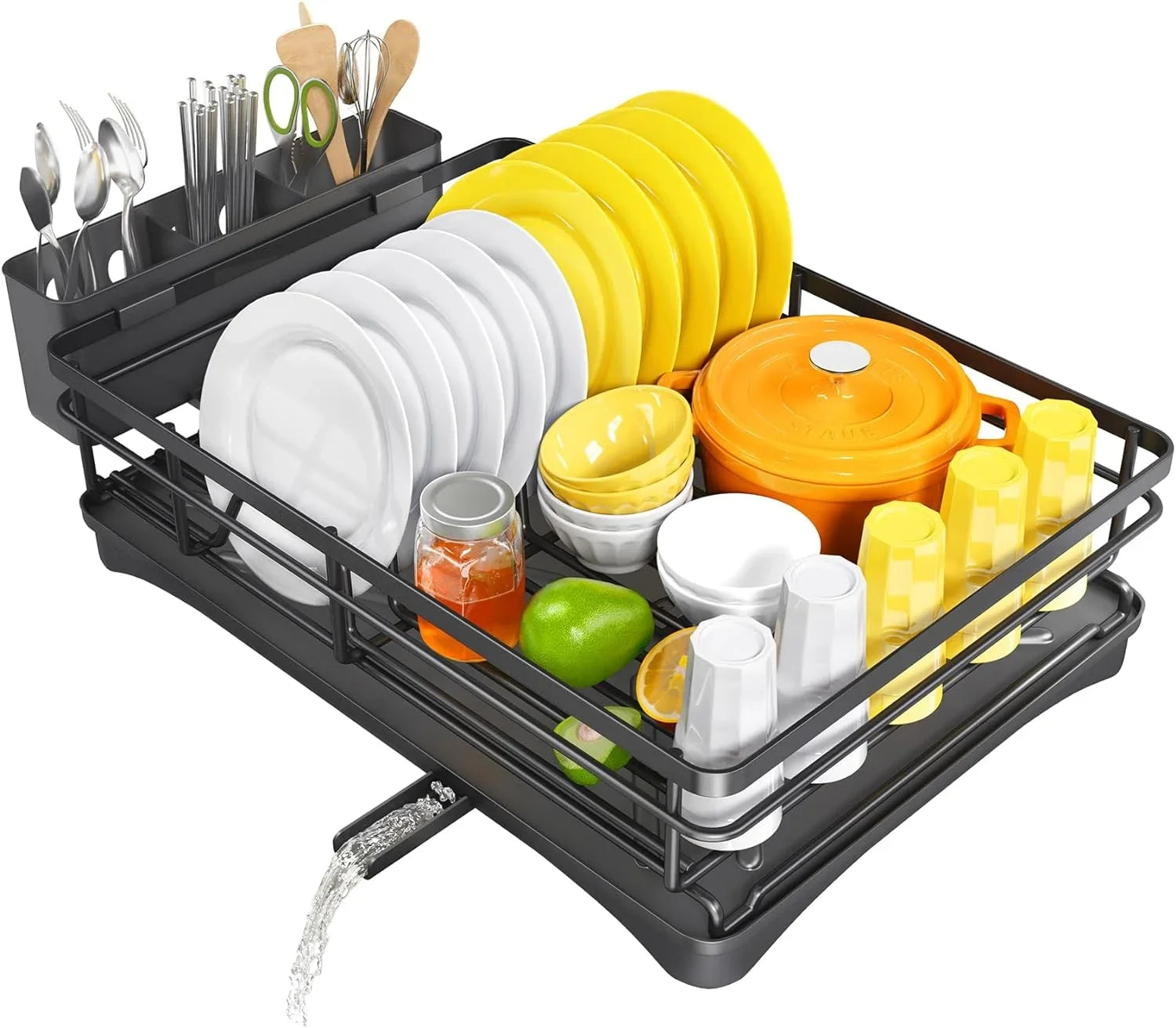 Black dish rack draining toward a sink