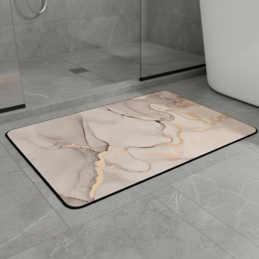 White marble-pattern bath mat beside a shower