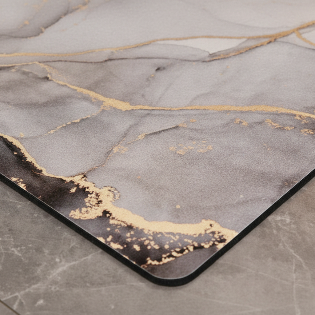 Close view of the White marble-pattern mat edge