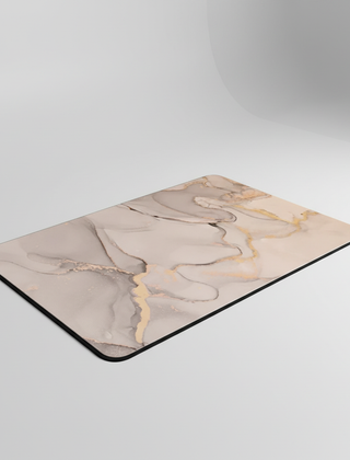 Angled view of the White marble-pattern bath mat
