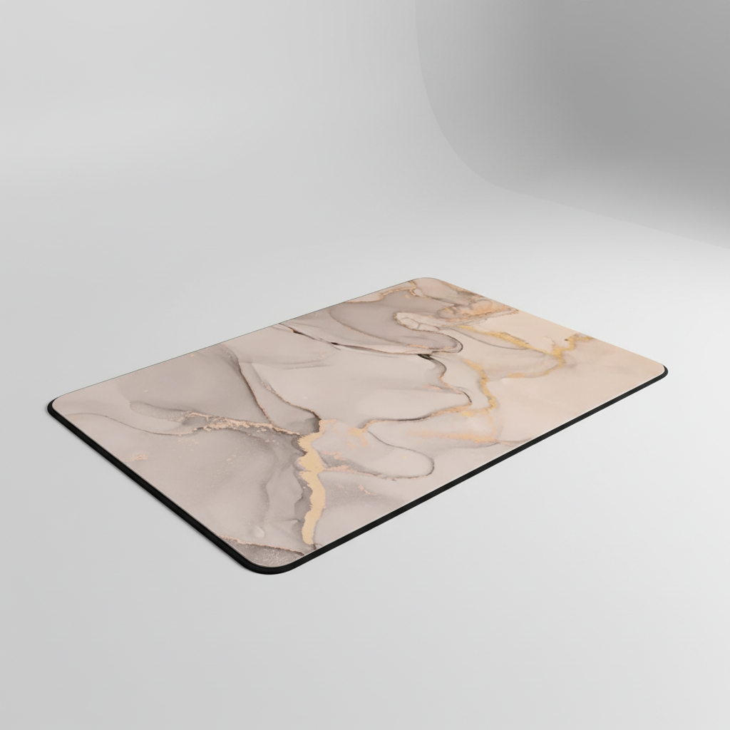 Angled view of the White marble-pattern bath mat