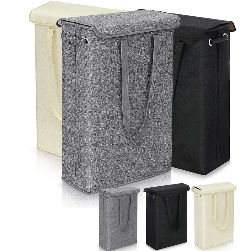 Slim laundry hamper with lid shown in Beige, Gray, and Black