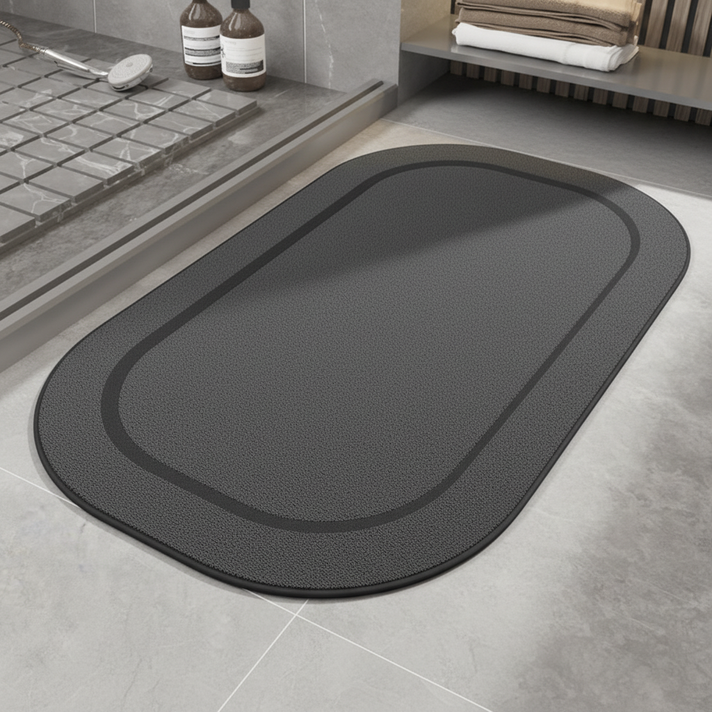 Gray contoured bath mat on a bathroom floor