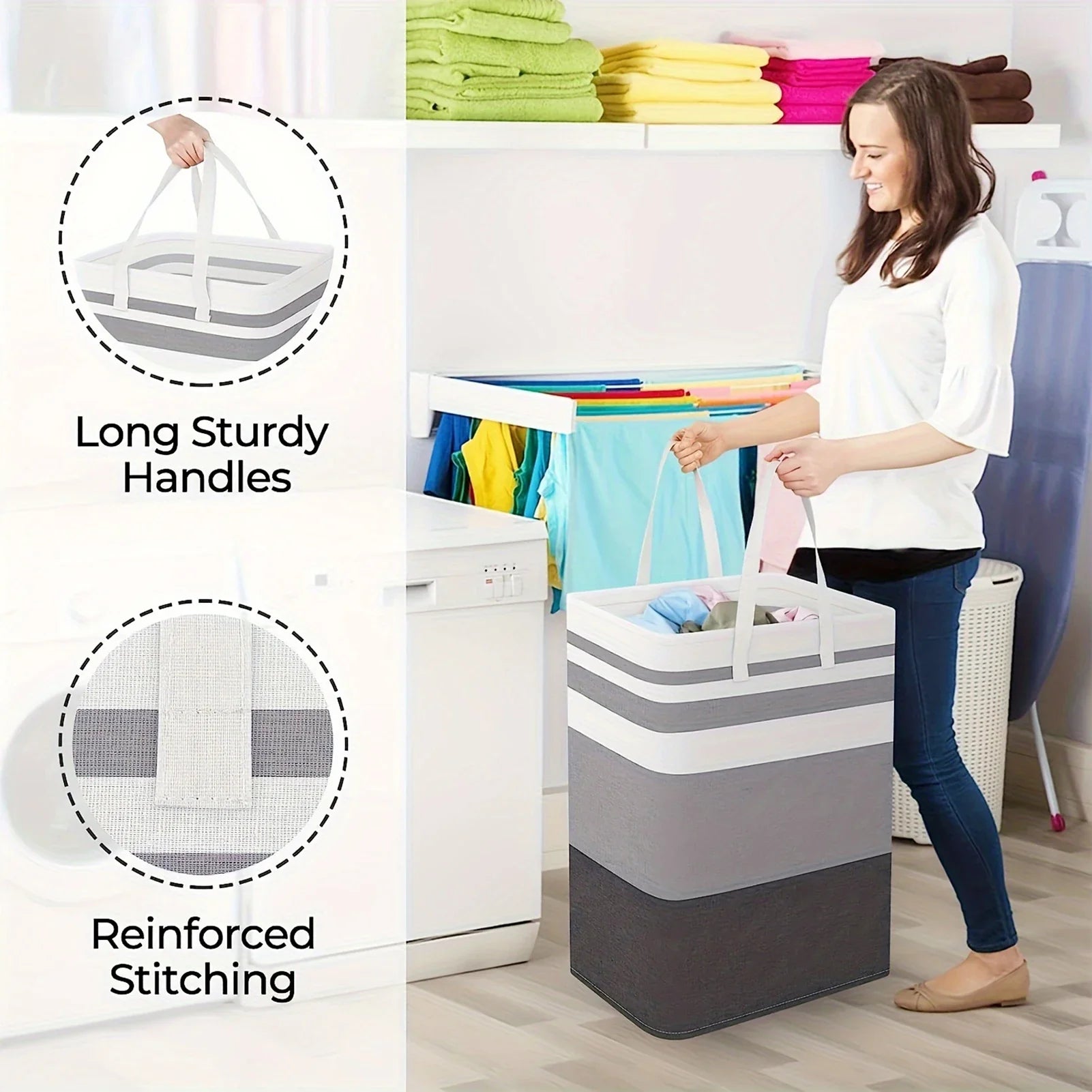 Long handles and reinforced stitching on the laundry hamper