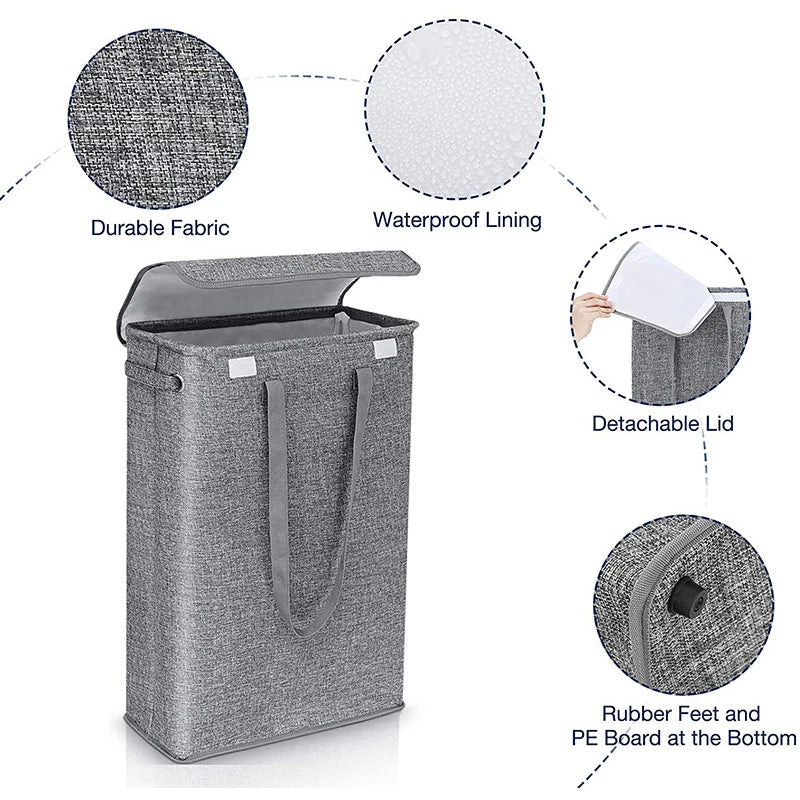 Gray slim laundry hamper with fabric and lining details