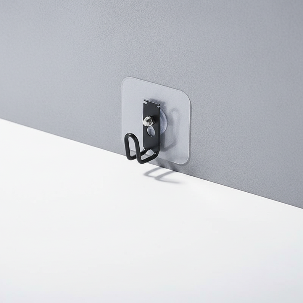 Black utility hook attached to a clear threaded mounting pad