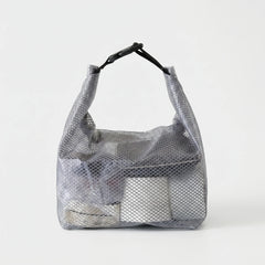 Black semi-transparent storage bag with toiletries