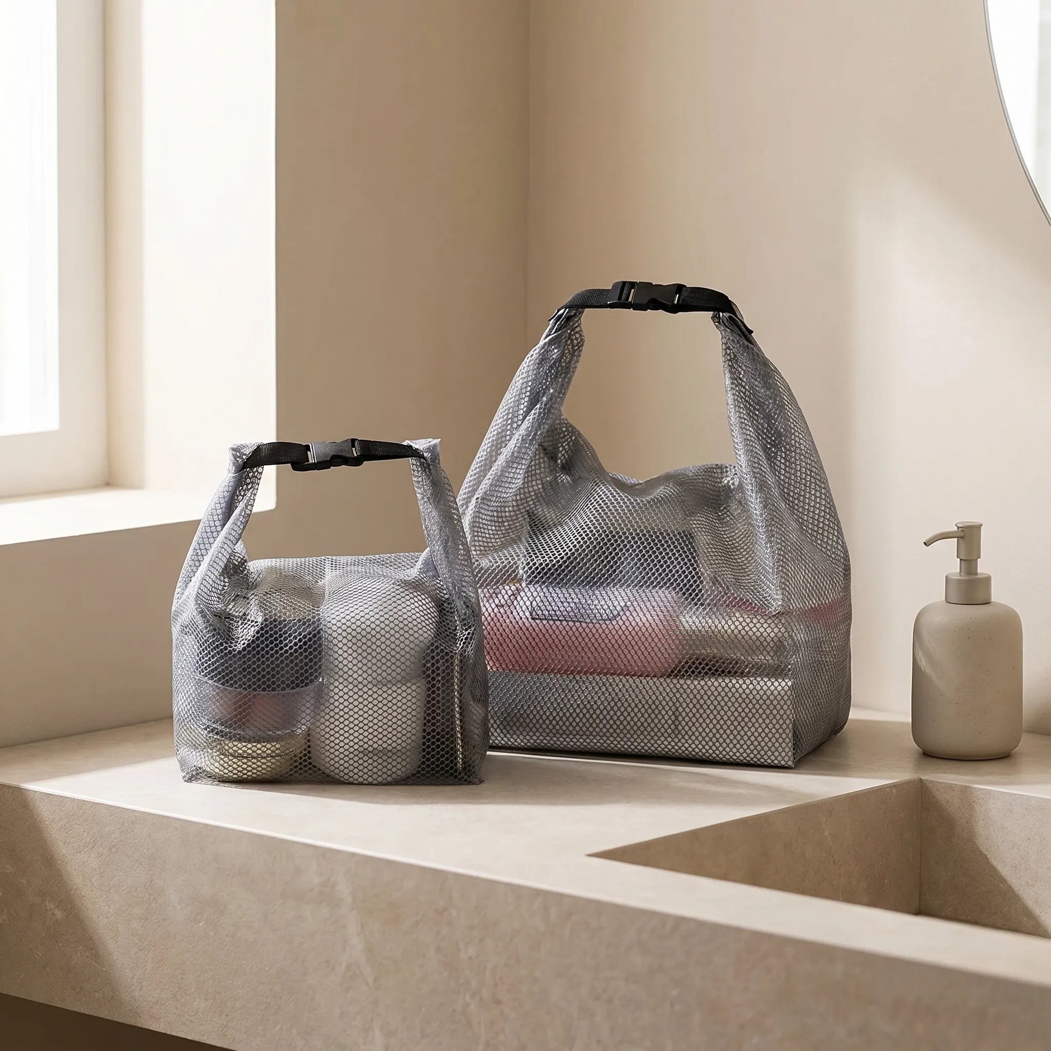 Small and Large semi-transparent storage bags on a bathroom counter