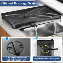Angled drainboard and rotating sink spout