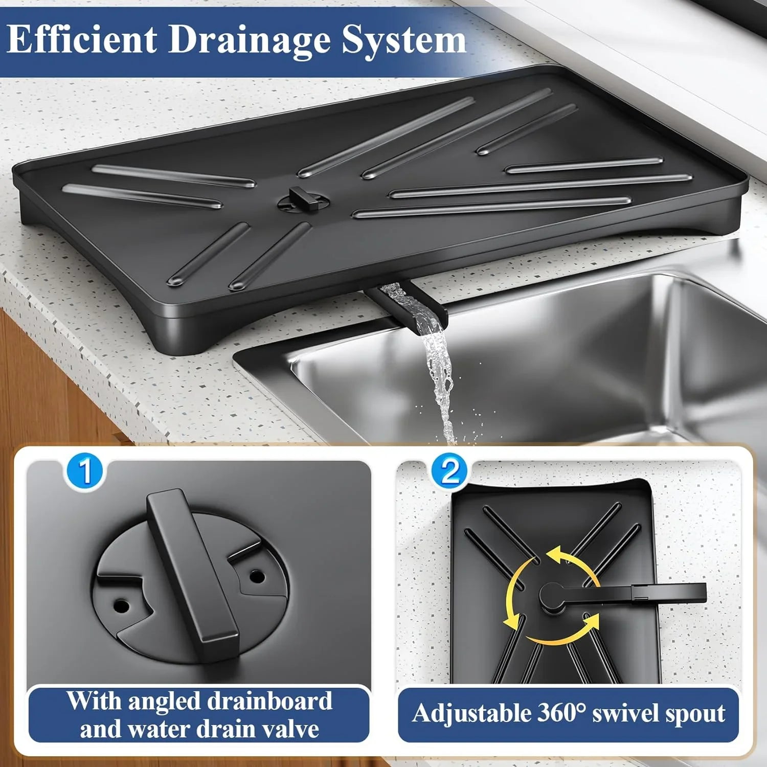 Angled drainboard and rotating sink spout