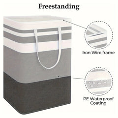 Freestanding striped hamper with wire-supported rim