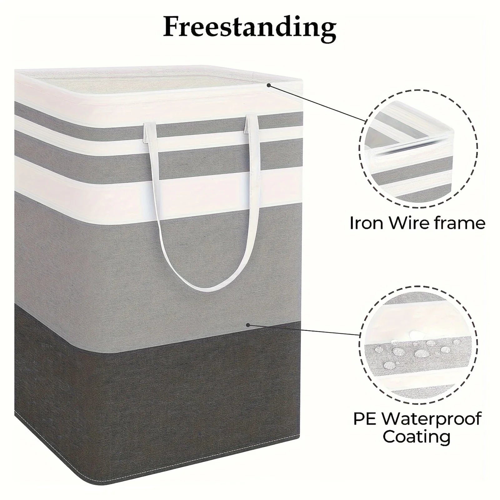 Freestanding striped hamper with wire-supported rim