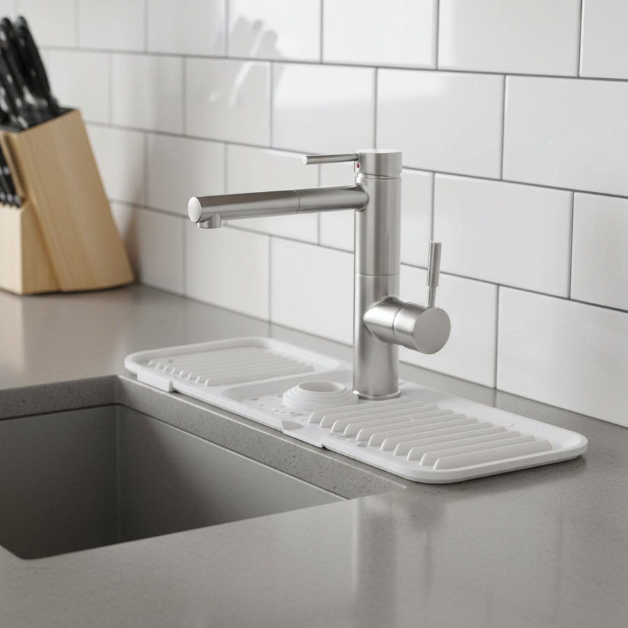 White silicone faucet splash mat around a kitchen faucet