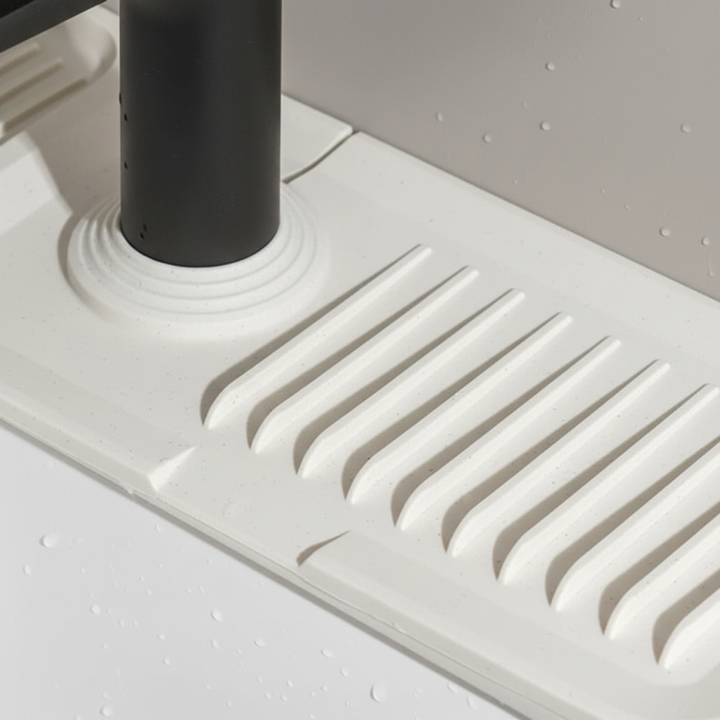 Close view of the grooved draining surface around a faucet base