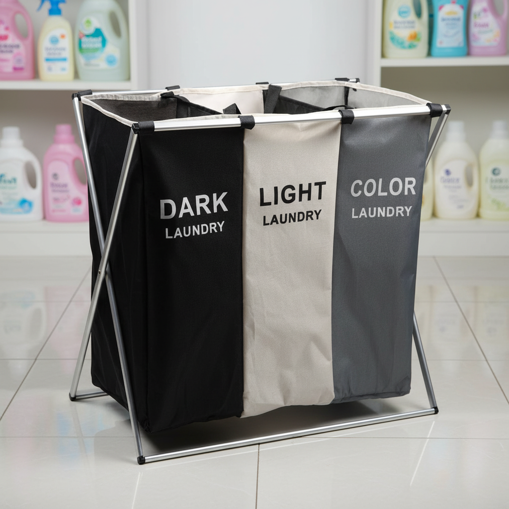 Three-section laundry sorting hamper in a utility room