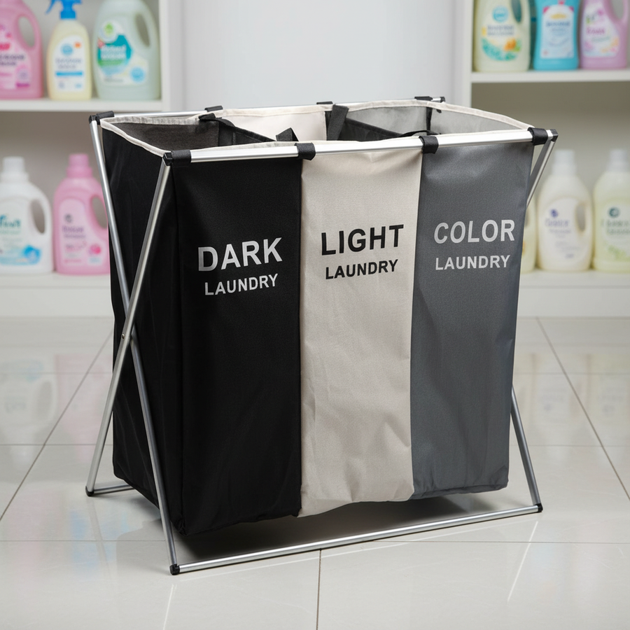 Three-section laundry sorting hamper in a utility room