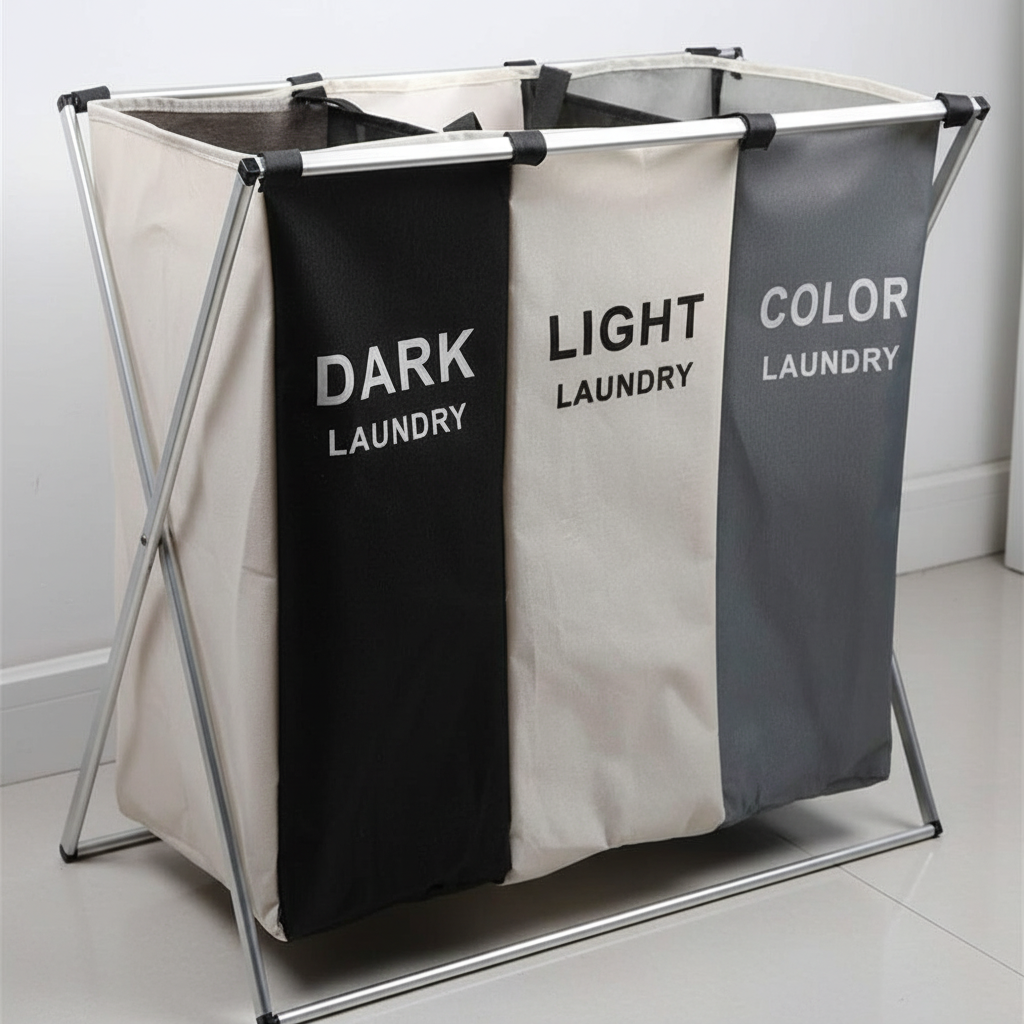 Three labeled fabric compartments in a metal frame