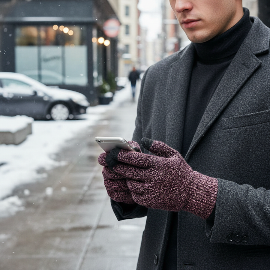 Black-Red knit gloves used with a smartphone outdoors