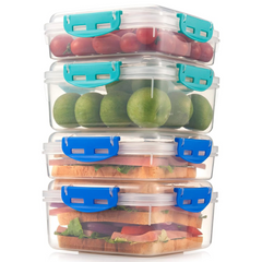 Four filled lunch containers stacked by height