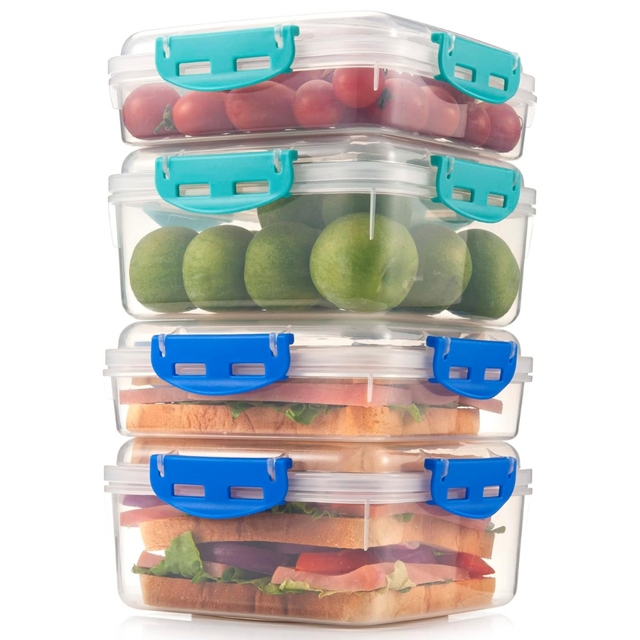 Four filled lunch containers stacked by height