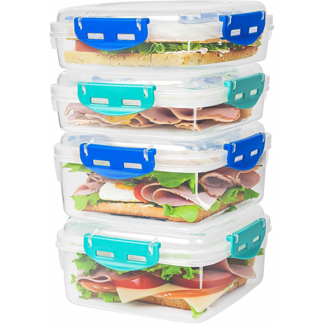Four-piece lunch container set with blue and green clips