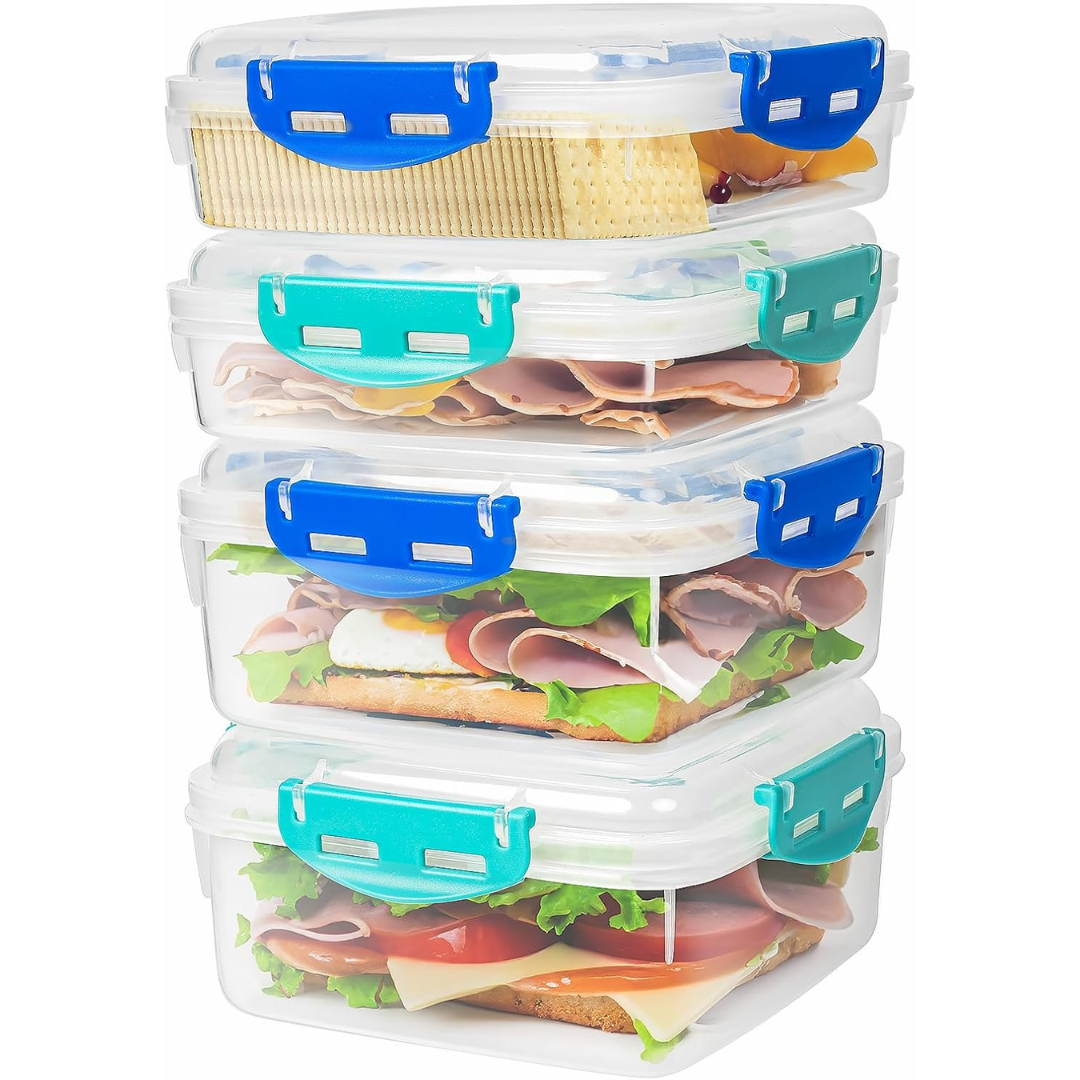Four rectangular lunch containers stacked with blue and green clip lids