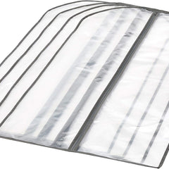 Five translucent PEVA garment covers with gray trim