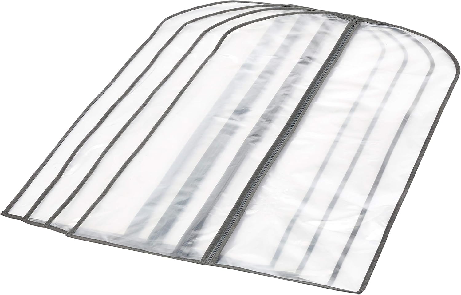 Five translucent PEVA garment covers with gray trim