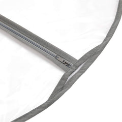Close view of the zipper and gray edge binding