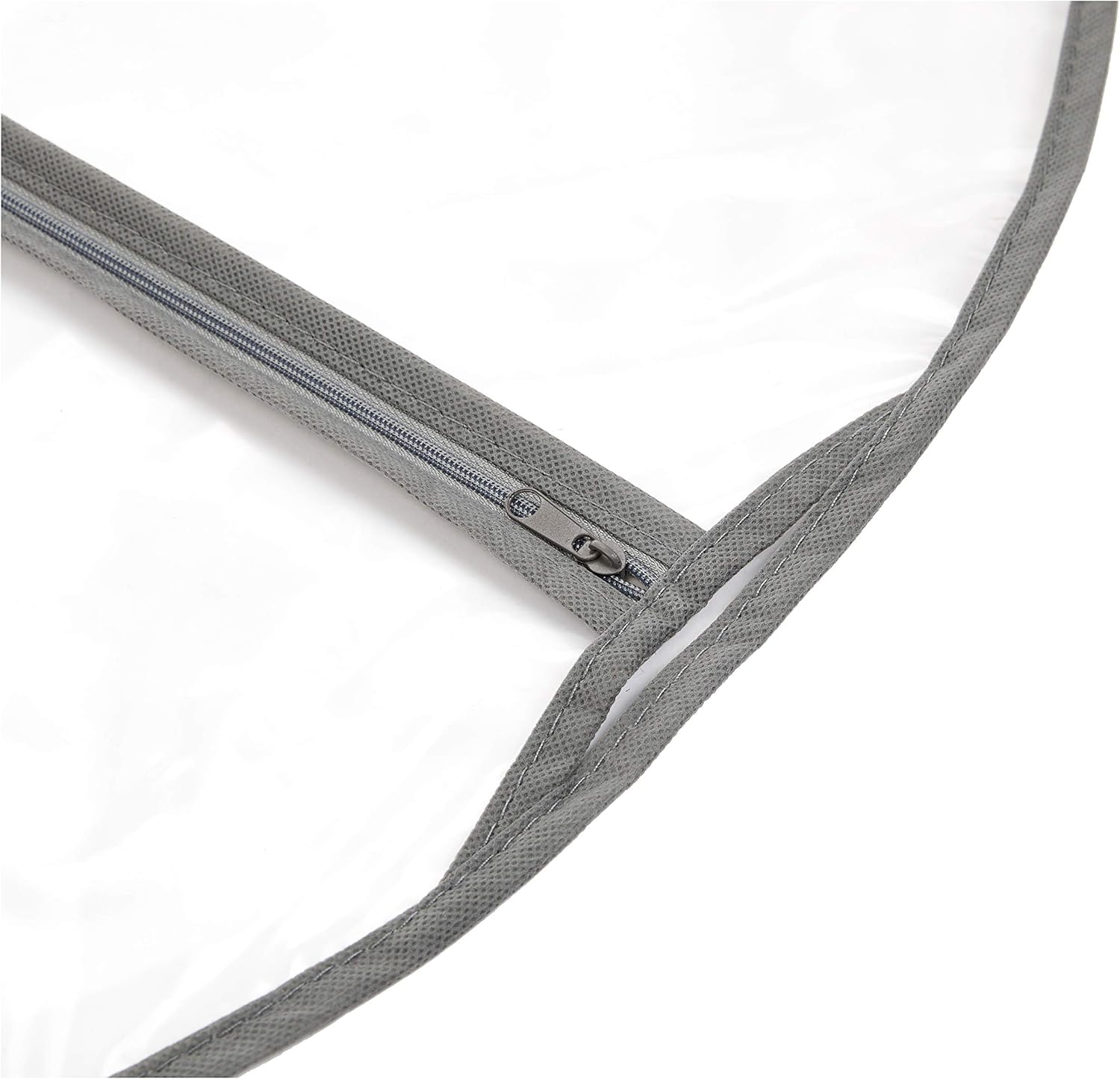 Close view of the zipper and gray edge binding
