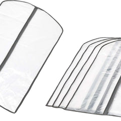 Five translucent garment storage bags in two lengths