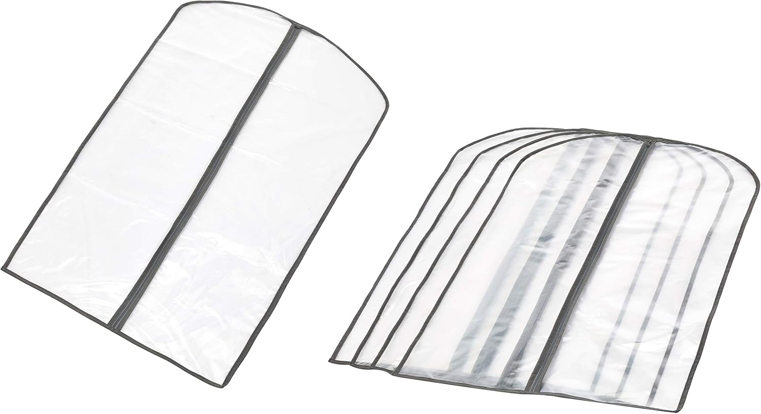 Five translucent garment storage bags in two lengths