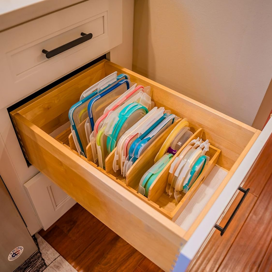 Bamboo lid organizer inside a kitchen drawer
