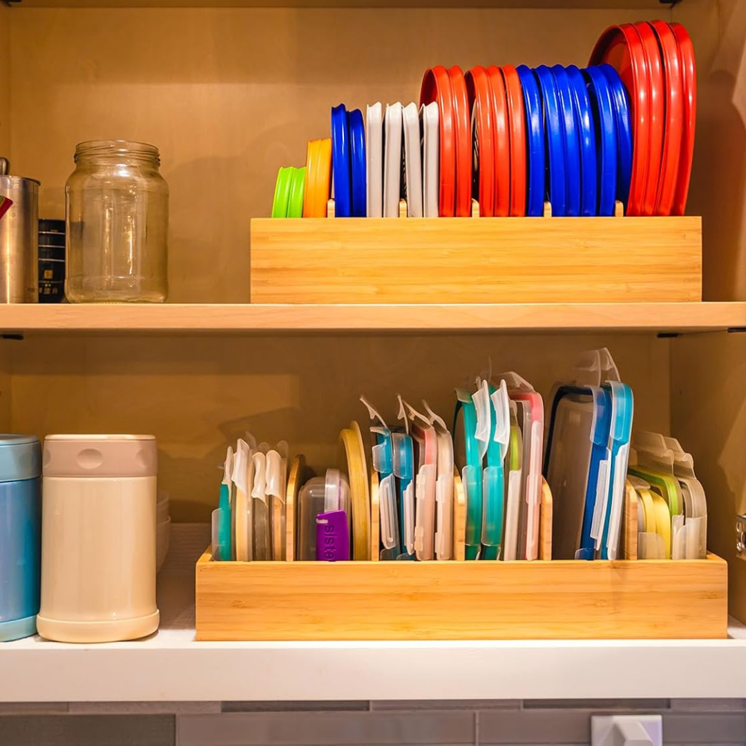 Bamboo lid organizer on a cabinet shelf