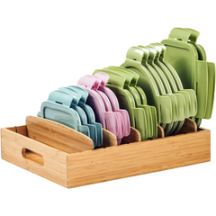 Large bamboo lid organizer with colorful lids
