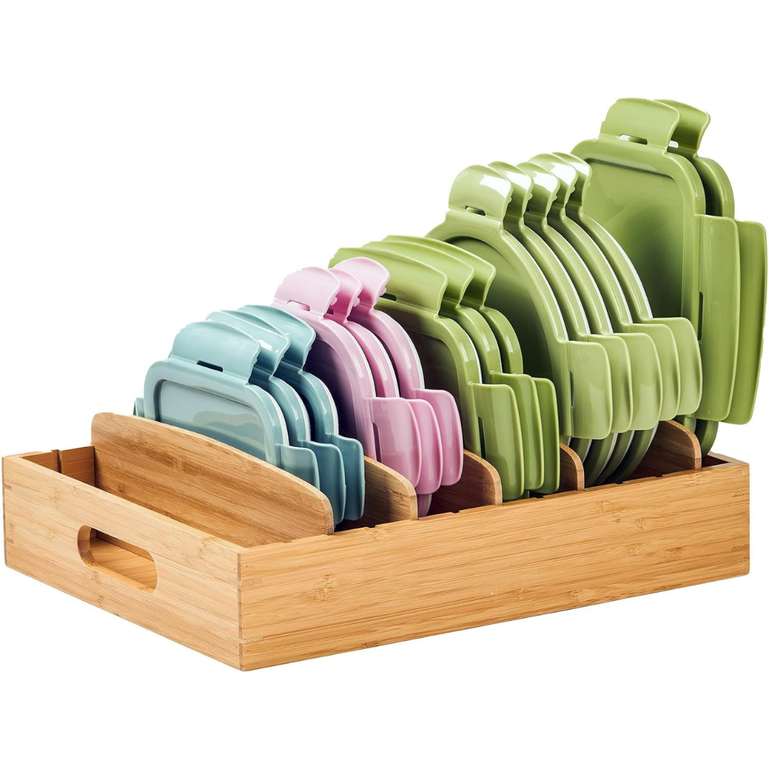 Large bamboo lid organizer with colorful lids