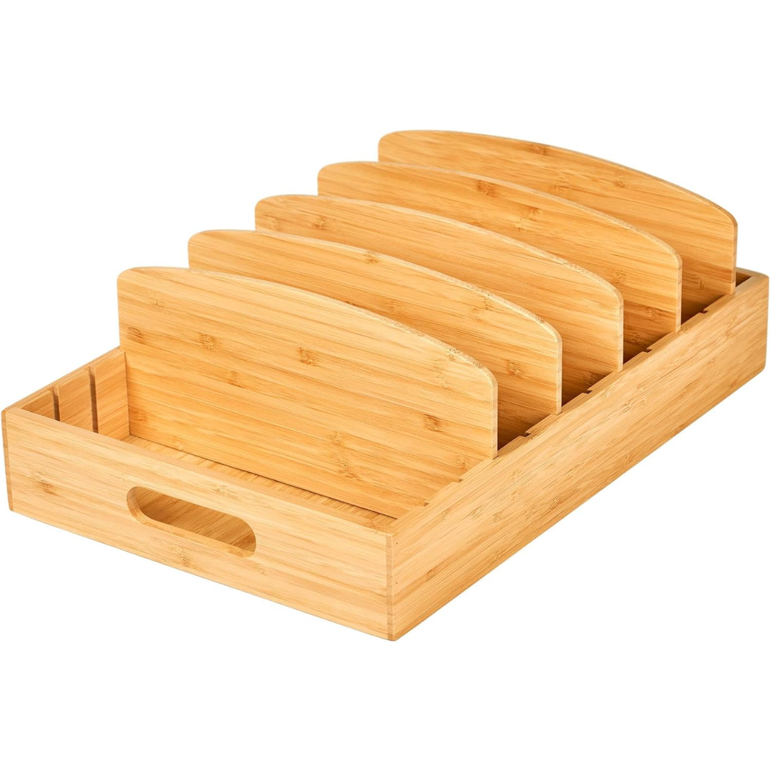 Bamboo lid organizer with five tall adjustable dividers