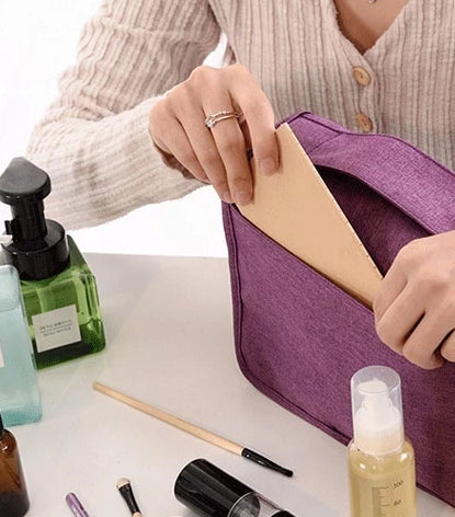 Front pocket on the Purple hanging toiletry bag