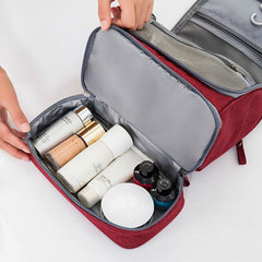 Main compartment of the Red hanging toiletry organizer