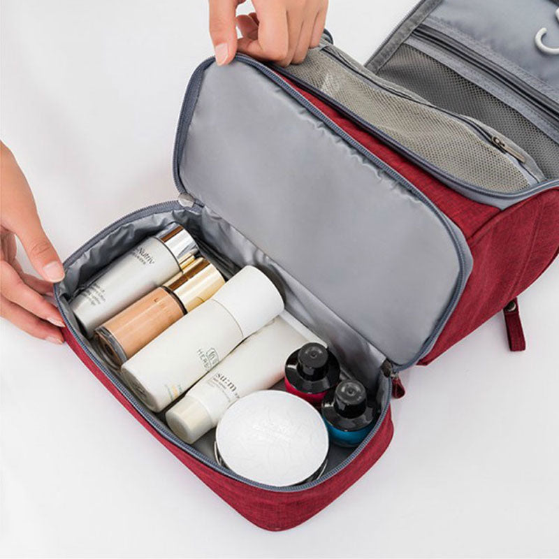 Main compartment of the Red hanging toiletry organizer
