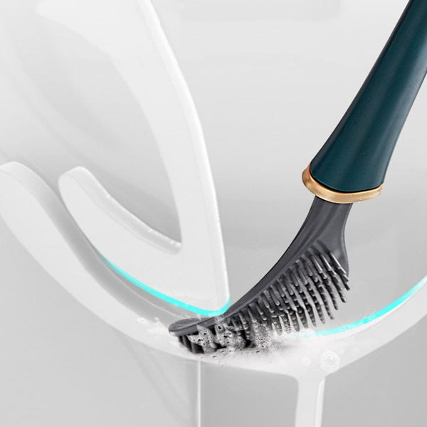 Flexible brush head cleaning the inside of a toilet bowl
