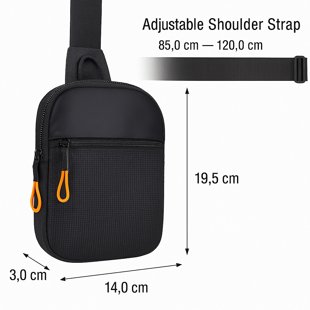 Source measurements and adjustable strap range for the compact sling bag
