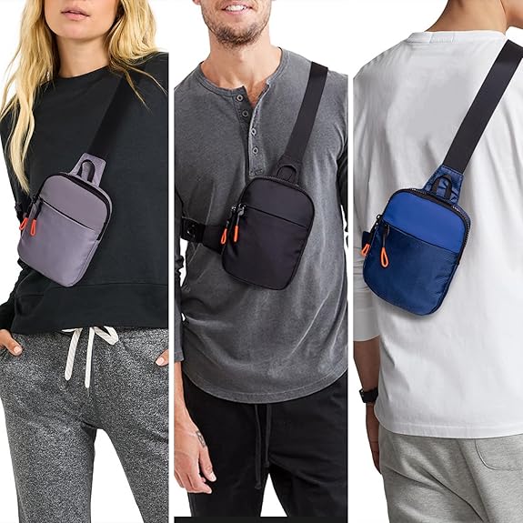 Gray, Black, and Blue crossbody sling bags worn across the chest