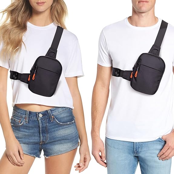 Black compact sling bag worn across the chest